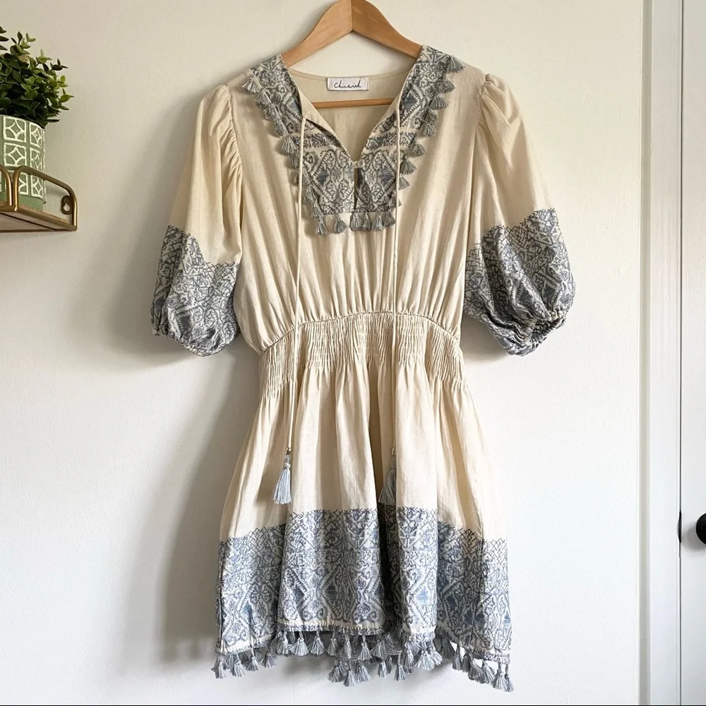 Chicwish Cream Mini Dress with Blue Trim